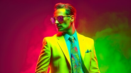 Man model giving pose in yellow funny suit on smokey gradient background. Festival, Holy colours.