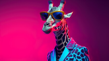 Look a like human giraffe wearing human outfit & party sunglasses on a fluorescent electric gradient background. - obrazy, fototapety, plakaty