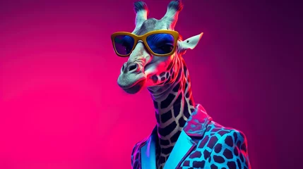 Schilderijen op glas Look a like human giraffe wearing human outfit & party sunglasses on a fluorescent electric gradient background. © PixelXpert