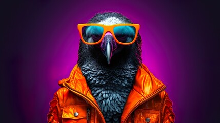 Wild dark colour Hawk in vibrant orange jacket, eyeshades on a purple gradient background. - obrazy, fototapety, plakaty