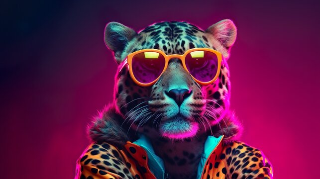 Bad boy look a like cheetah ready for funky party on fluorescent gradient background.