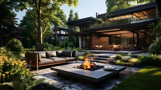 Evening home garden, Backyard garden design, Garden inspiration, Fire place in the garden, generative AI 