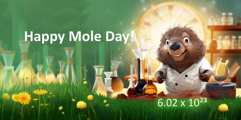 National Mole Day, October 23rd, Scientist Mole character. Banner card