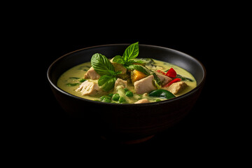 Green curry with chicken and chilli in a bowl on black background, food photography, Clip art