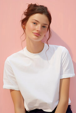 Joyful Woman with Brown Hair and White Shirt on a Pink Background, created by generative AI technology.