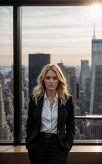 photo of serious office working woman with high rise building in background, generative AI