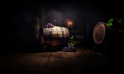 old oak wine barrel in dark room with grapes and wine glass