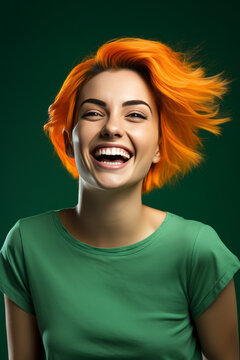 Joyful Woman with Orange Hair and Green Shirt on a Green Background, created by generative AI technology.