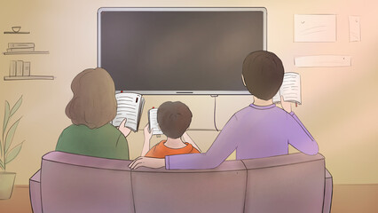 family sitting in sofa in front of turned off television and reading books