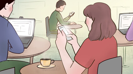 people sitting at coffee shop with smartphone and laptops