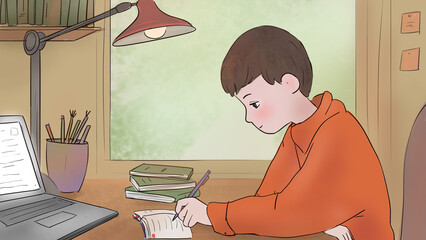 boy doing homework, writing in notebook on the desk in his room lo-fi style