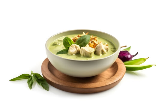 recommend clip art: Green curry with chicken and chilli in a bowl on white background, food photography, Clip art