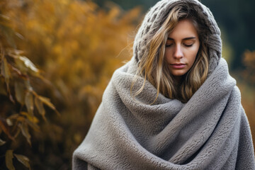 Person bundled in blanket bracing against crisp autumn chill outside 