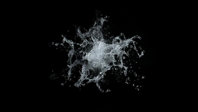 Super Slow Motion Shot of Real Water Splash Explosion from Surface Isolated on Black at 1000fps.