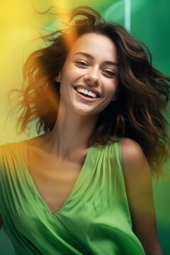 Joyful Woman with Brown Hair and Green Shirt on a Green Background, created by generative AI technology.