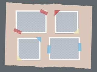 Empty photo frames with multicoloured sticky tape and corners. Set of square and horizontal photo cards on torn beige background. Vector realistic Mockup. EPS10.