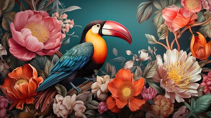 3d render Toucans bird, floral background for wall painting, stickers, frame, beautiful wall, best looking, texture.