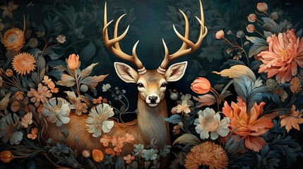 3d render wild Deer standing, long horns, floral background for wall painting, stickers, frame, beautiful wall, best looking, wall texture. - obrazy, fototapety, plakaty