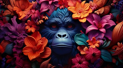 3d render Angry Gorilla, floral background for wall painting, stickers, frame, beautiful wall, best looking, wall texture.