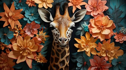 3d render Giraffe standing, floral background for wall painting, stickers, frame, beautiful wall, best looking, wall texture. - obrazy, fototapety, plakaty