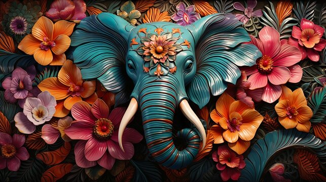 3d render wild angry Elephant, Look a like goddess floral background for wall painting, stickers, frame, beautiful wall, best looking, wall texture.