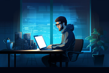 flat character sitting in front of a desk with a laptop on it. writing code | Generative Ai