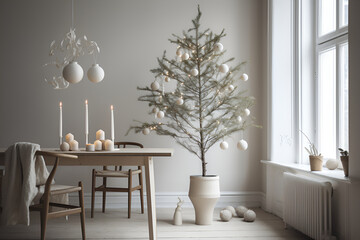A minimalistic interior design in white colors with a sleek Christmas tree and a table with chairs
