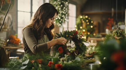Florist making beautiful Christmas wreath. ai generative - obrazy, fototapety, plakaty