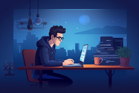flat character sitting in front of a desk with a laptop on it. writing code | Generative Ai