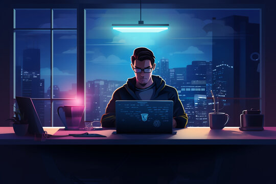 flat character sitting in front of a desk with a laptop on it. writing code | Generative Ai