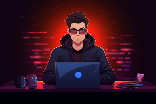 flat character sitting in front of a desk with a laptop on it. writing code | Generative Ai