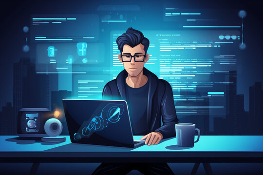 flat character sitting in front of a desk with a laptop on it. writing code | Generative Ai