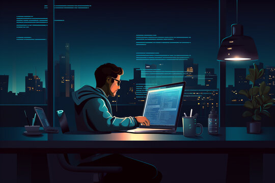 flat character sitting in front of a desk with a laptop on it. writing code | Generative Ai