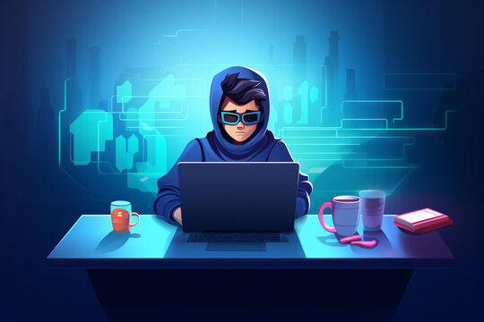 flat character sitting in front of a desk with a laptop on it. writing code | Generative Ai