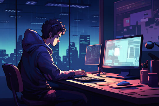 flat character sitting in front of a desk with a laptop on it. writing code | Generative Ai