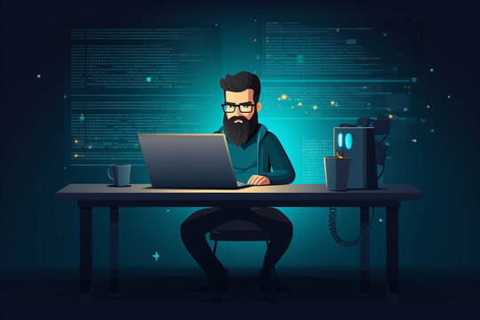 flat character sitting in front of a desk with a laptop on it. writing code | Generative Ai
