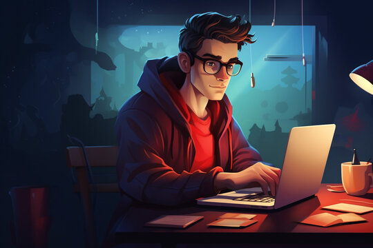 flat character sitting in front of a desk with a laptop on it. writing code | Generative Ai