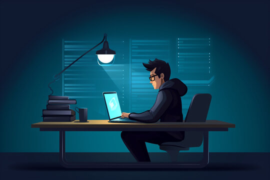 flat character sitting in front of a desk with a laptop on it. writing code | Generative Ai