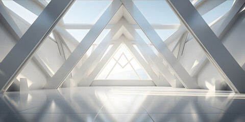 Symmetrical geometric white building background scene with Dramatic light rays and shadows