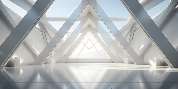 Symmetrical geometric white building background scene with Dramatic light rays and shadows