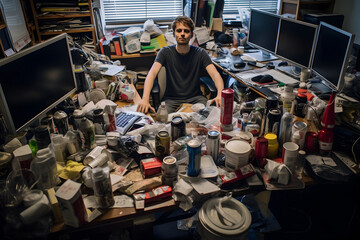 Young caucasian man at super messy workplace with piles of trash everywhere, generative AI. Not based on any actual person, scene or pattern. - obrazy, fototapety, plakaty