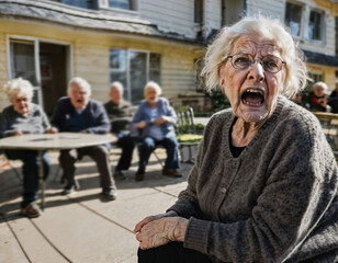 photo of angry senior people in nursing home, generative AI