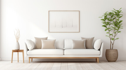 Fototapeta na wymiar Curved loveseat sofa against white wall with frames. Scandinavian home interior design of modern living room. ai generative