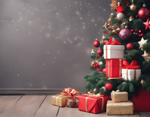 Christmas and new year background gift boxes and stars near decorated Christmas tree, with copy space for your text. Generative Ai