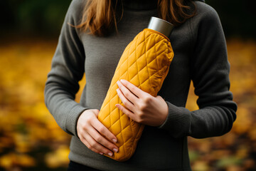 Individual clutching hot water bottle during autumn sickness recovery 