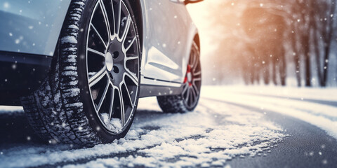 close-up of car wheels with winter tires on a snowy road. ai generative - obrazy, fototapety, plakaty