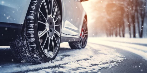 Fotobehang close-up of car wheels with winter tires on a snowy road. ai generative © Oleksandr