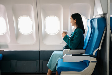 Young Asian executive excels in first class, multitasking with digital tablet, laptop and...