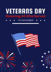 Veterans day flyer design. American veterans day celebration flyer with fireworks