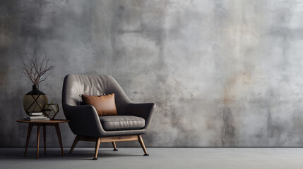 an armchair in a living room with a concrete wall background. ai generative